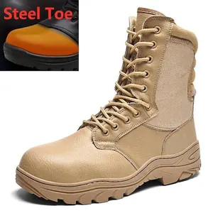 Botas tácticas caqui para hombre con punta de acero y suela resistente a pinchazos.