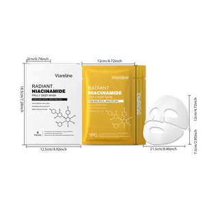 Dimensions détaillées pour le masque facial Viareline à la niacinamide et son emballage.