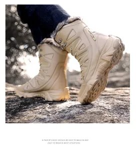 Men's tan fur-lined tactical winter boots with a durable non-slip thick rubber outsole.
