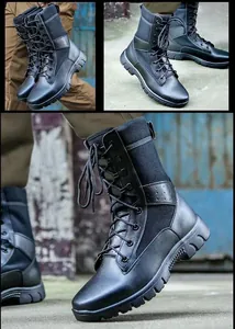 Vista detallada de botas tácticas negras transpirables con suelas de goma duraderas
