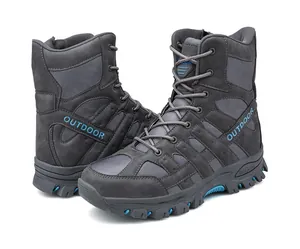 Side view detail of high-top men's outdoor tactical boots in dark grey with blue accents