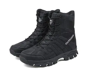 Detailed side view of rugged black high-top tactical outdoor boots for hiking men.