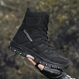 Black high-top tactical outdoor boots featuring breathable mesh and suede upper