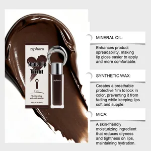 Vista dettagliata della texture del rossetto opaco Zephoco cacao e ingredienti nutrienti