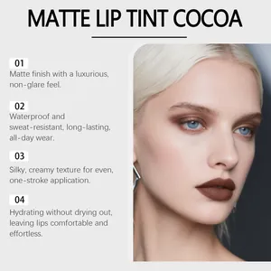 Dettaglio della tinta labbra opaca al cacao con finitura lussuosa su una modella.