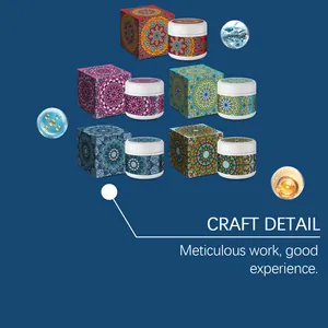 Vue détaillée des boîtes et pots aux motifs mandala pour bougies parfumées au soja