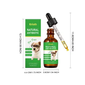 Kriath natural herbal antibiotic drops for dogs with size dimensions and dropper detail