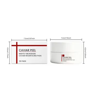 Product dimensions of Caviar Peel nightly resurfacing pads 30-count jar and outer packaging