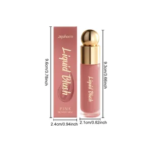 Dimensions du fard à joues liquide rose, 9,6 cm de hauteur et 2,4 cm de largeur sur blanc