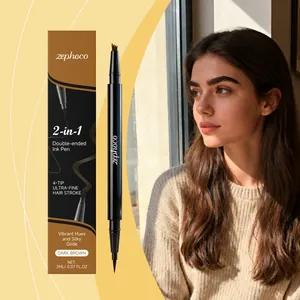 Gros plan sur le stylo à sourcils Zephoco 2-en-1 châtain foncé avec pointe 4-têtes.