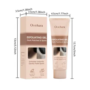 Detailed product view of OceAura exfoliating gel tube and box showing exact dimensions.