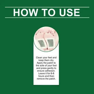 Step-by-step usage guide for foot care patches showing application to soles of feet