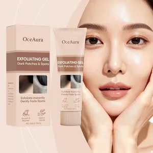 Close-up of OceAura exfoliating gel tube and box with Asian model for skin detail.