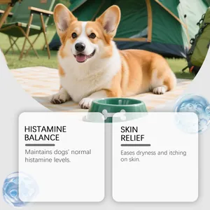 Herbal dog drops for skin relief and histamine balance shown in an outdoor camping scene