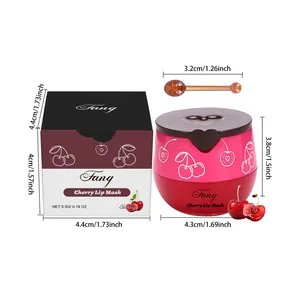 Detalles del set de mascarilla labial de cereza con dimensiones de tarro, caja y aplicador.