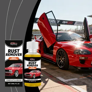 Close-up of RayHong 30ml rust remover bottle with a professional sports car backdrop