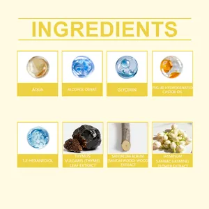 Dettaglio lista ingredienti con estratti di sandalo, gelsomino e timo per il profumo