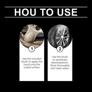 Instructional guide showing how to apply rust remover liquid on car wheels and rims.