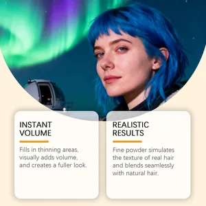 Model zeigt Ergebnisse des blauen Haarfärbesprays mit sofortigem Volumeneffekt.