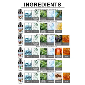 Détails des ingrédients pour huiles essentielles d'hiver comme la menthe poivrée et cannelle.
