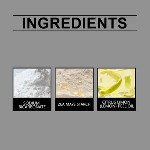 Detalle de ingredientes del limpiador: bicarbonato de sodio, almidón y aceite de limón