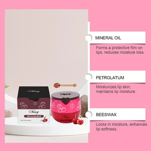 Detalle de mascarilla labial de cereza con ingredientes de aceite mineral y cera de abeja