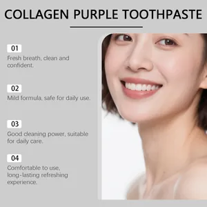 Gros plan d'un sourire éclatant montrant les résultats de nettoyage du dentifrice violet.