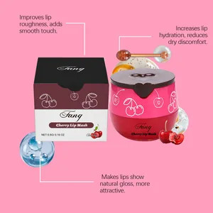 Detalle de mascarilla labial de cereza con empaque, aplicador de miel y beneficios