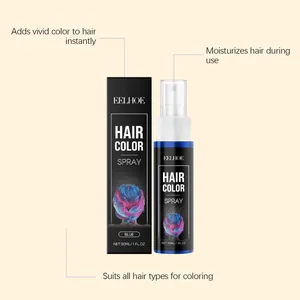 Detailansicht der blauen temporären Haarfarben-Sprühflasche und Verpackung mit Merkmalen