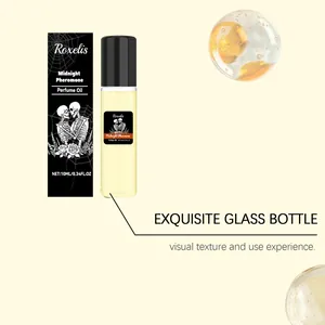 Dettaglio dell'olio profumato Roxelis Midnight Pheromone in flacone da 10ml con scatola