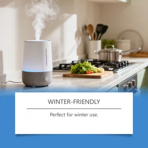 Gros plan d'un diffuseur d'arôme moderne grain de bois avec brume et LED dans une cuisine