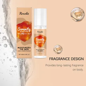 Roxelis Serenity Sunstone Körperduftspray Flasche und Verpackung mit Wasserspritzer