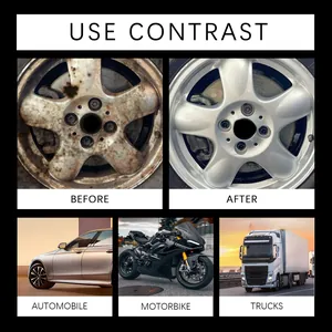 Before and after rust remover contrast on metal car rims and motorbikes details