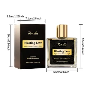 Dimensions détaillées de l'eau de Cologne Roxelis Blasting Love 50ml et son emballage