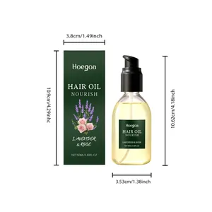 Guía de dimensiones del aceite capilar de lavanda Hoegoa y su caja de embalaje exterior.