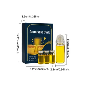 Detailed size dimensions of facial restorative serum set with ampoules and roller stick