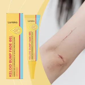 Laniska keloïde litteken gel tube en verpakking getoond naast een huid litteken detail