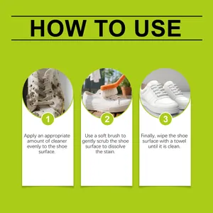 Three-step instruction guide for sneaker cleaner showing application, scrubbing, and wiping