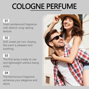 Détail montrant un couple heureux avec une liste de caractéristiques du parfum de santal.