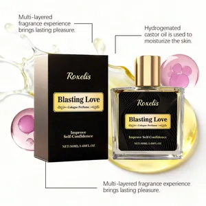 Vue détaillée du flacon de parfum Roxelis Blasting Love Cologne et de son étui noir