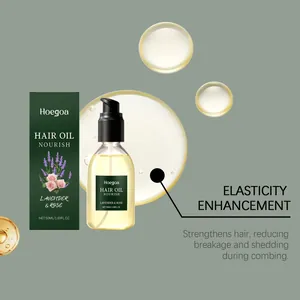 Aceite capilar nutritivo Hoegoa con lavanda y rosa para elasticidad y fuerza del cabello.