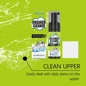 Macro view of Jakehoe sneaker foam cleaner with box and cloth for daily shoe stains
