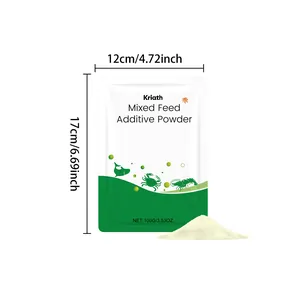 Detailed view of the 100g aquatic feed additive powder sachet showing 12x17cm dimensions