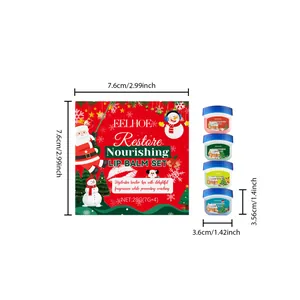 Set di 4 balsami labbra nutrienti natalizi con dimensioni visualizzate su sfondo bianco