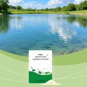 Detailed view of Kriath aquatic feed additive powder pouch and fine texture