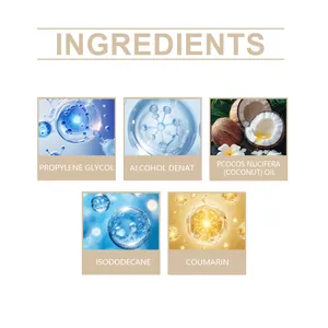 Macrodetails van ingrediënten van essentiële oliën zoals kokosolie en propyleenglycol.