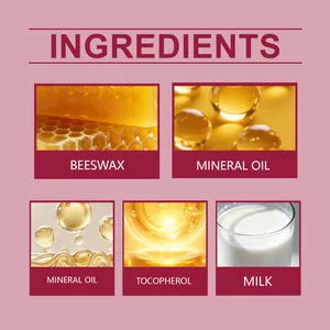 Vista dettagliata degli ingredienti del balsamo labbra: cera d'api, vitamina E e latte.