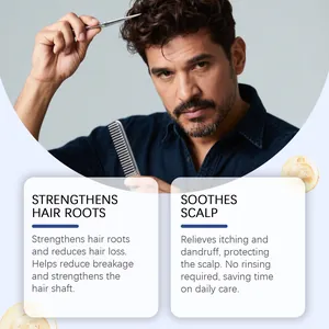 Detail showing hair serum benefits: strengthens hair roots and provides soothing scalp care
