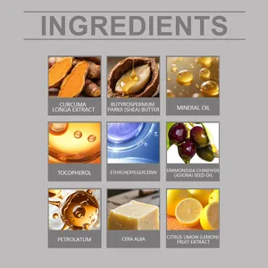 Ingrediënten van lippenbalsem: Kurkuma, Citroen, Shea Butter en Jojoba-olie detail