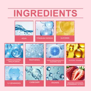 Detail view showing key ingredients of strawberry tinted protection cream like titanium dioxide.